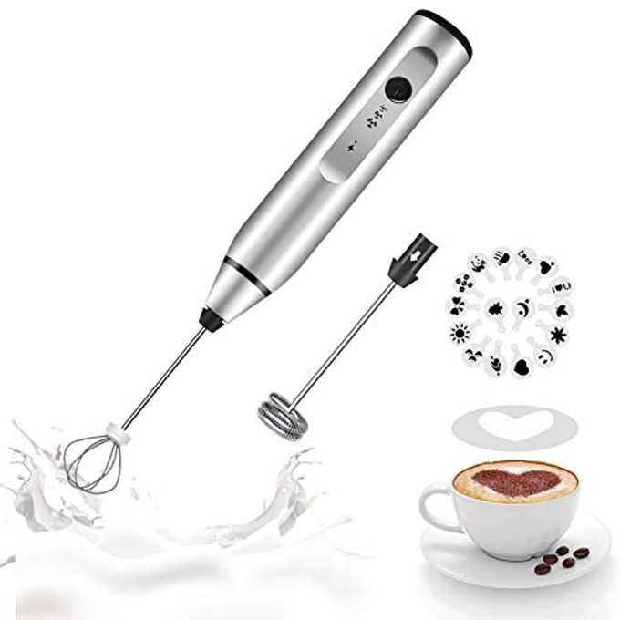 MILK FROTHER HANDHELD RECHARGEABLE WHISK DRINK MIXER FOR COFFEE WITH ART STENCILS COFFEE MIXER FOR CAPPUCCINO HOT CHOCOLATE MATCH FRAPPE HOT CHOCOLATE EGG WHISK