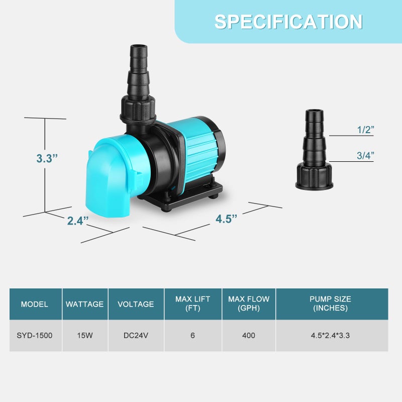 JEREPOND 400GPH Aquarium Return pump with LCD display controller, 15W DC 24V aquarium pump for saltwater freshwater aquarium,fish tank,sump,20 speeds ECO Quiet Submersible and inline pump - Image 3