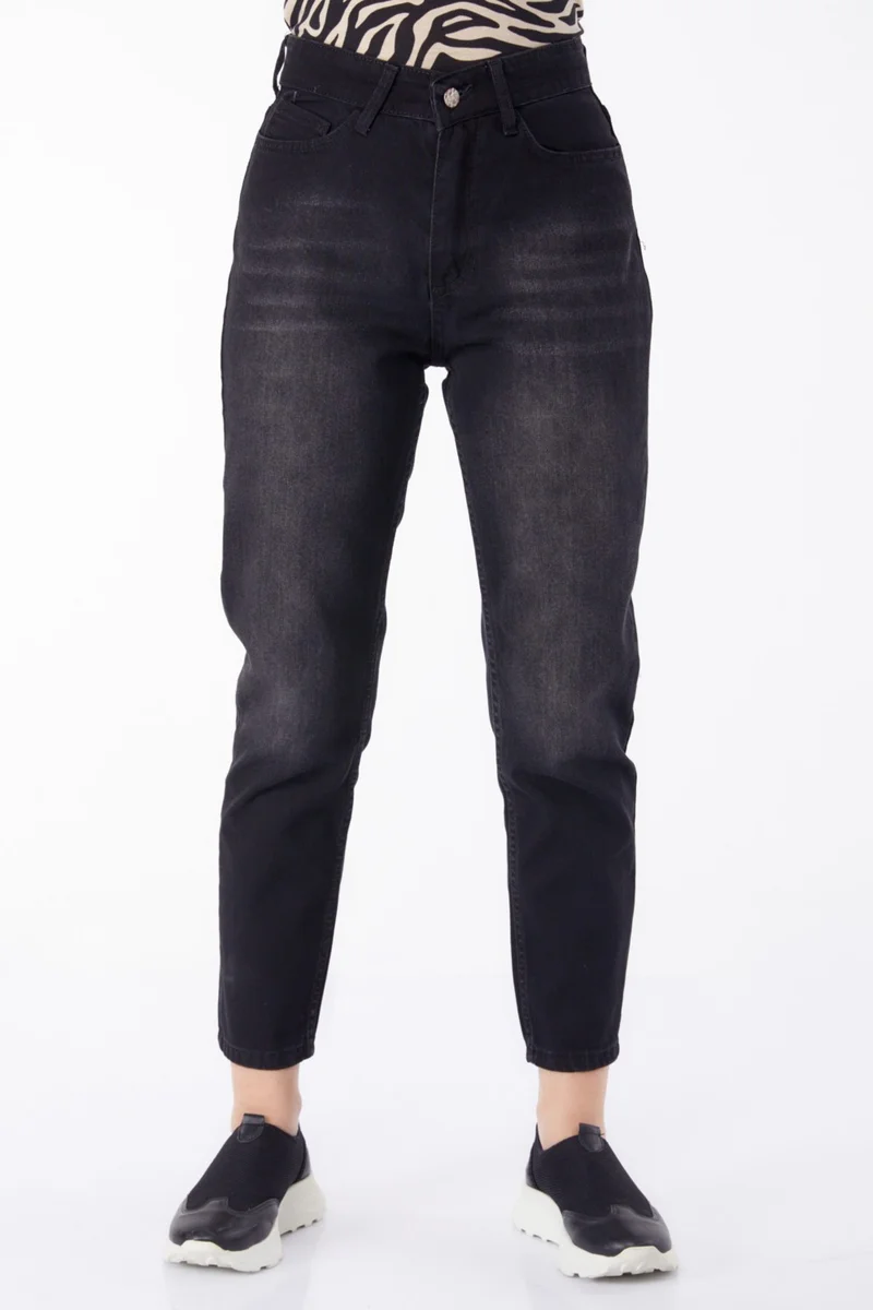 Tofisa Plain Mid Women Black Jeans High Waist Mom Jeans - 25178
