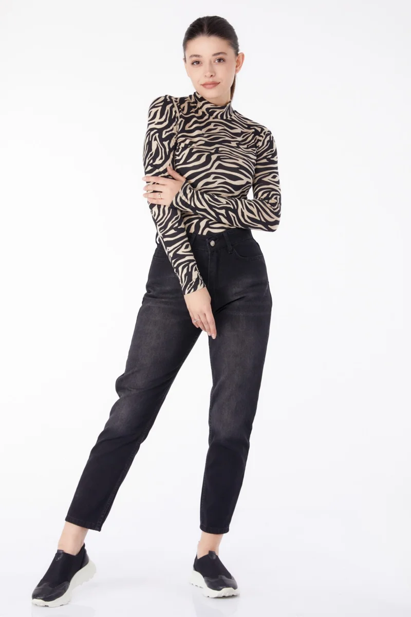 Tofisa Plain Mid Women Black Jeans High Waist Mom Jeans - 25178