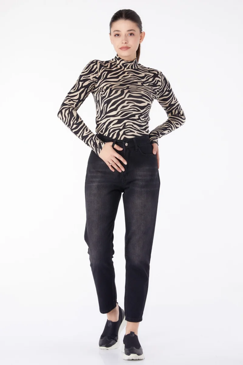 Tofisa Plain Mid Women Black Jeans High Waist Mom Jeans - 25178