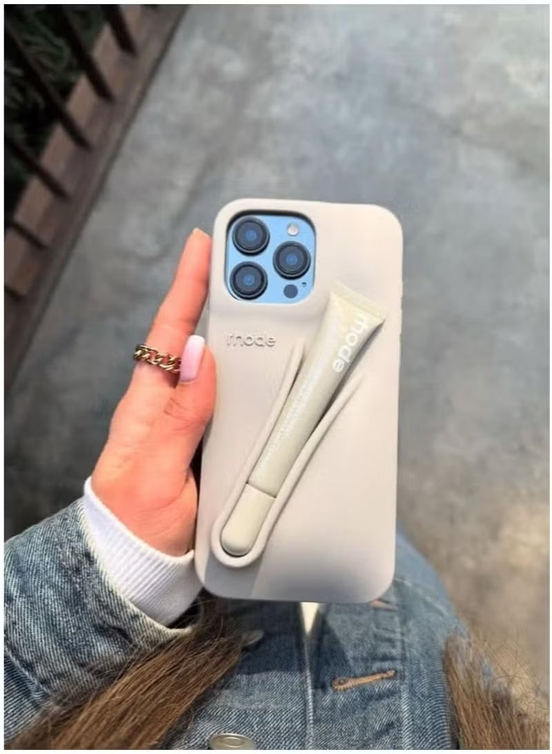 رود جراب سيليكون لهاتف iPhone 14/15 Pro Max مع حامل للشفاه، جراب هاتف لامع للشفاه، جراب هاتف يحمل الشفاه، حامل خلفي لاصق لهاتف iPhone (رمادي) - Image 4