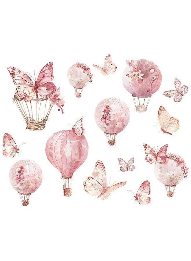 Pink Hot Air Balloon Butterfly Theme Wall Stickers, Diy Removable Wall Decals for Kids, Baby Boys, Girls, Playroom Bedroom Deco 60x90cm - Image 1