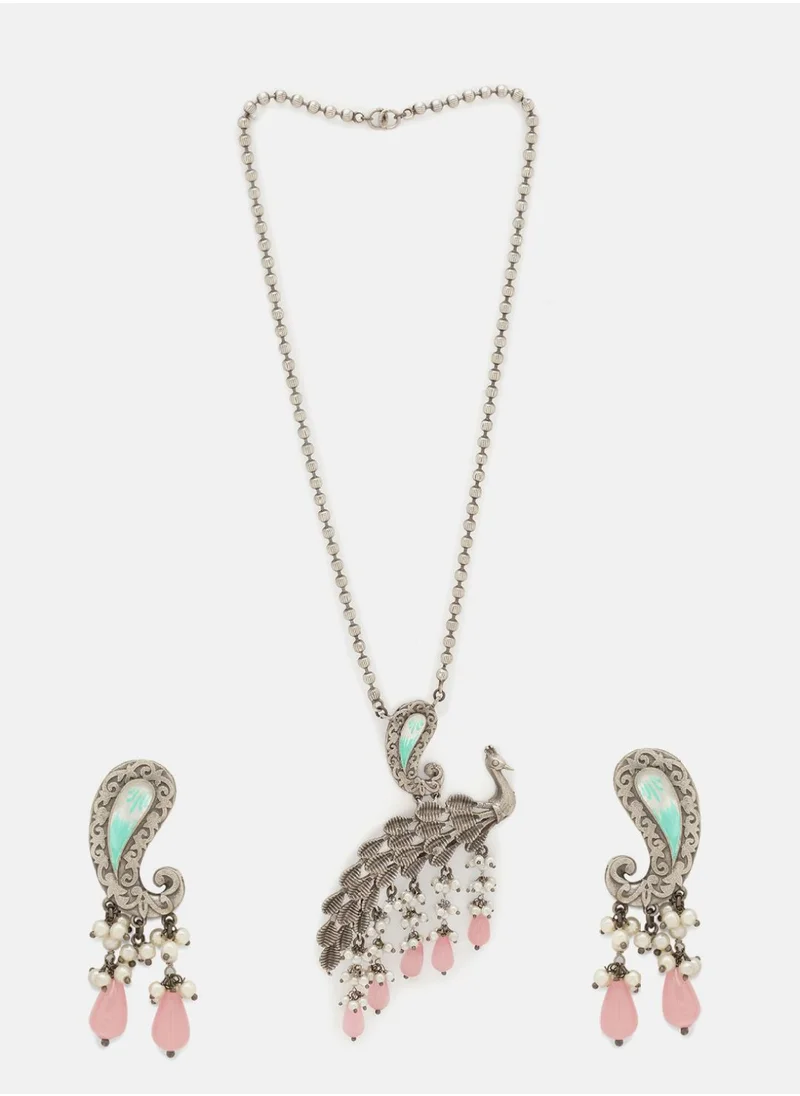 Priyaasi Plated Pink Beaded Oxidized Peacock Necklace  Earrings