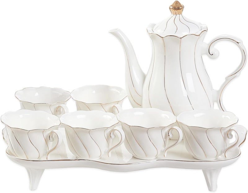 DUJUST 14 pcs Tea Set for 6 with Tea Tray & Spoons, Luxury British Style Coffee Cup Set with Golden Trim, Beautiful Porcelain Set for Living Room Decor, Tea Party Set, Gift Package - White - Image 1