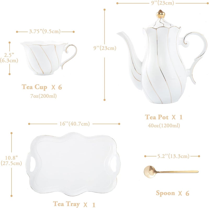 DUJUST 14 pcs Tea Set for 6 with Tea Tray & Spoons, Luxury British Style Coffee Cup Set with Golden Trim, Beautiful Porcelain Set for Living Room Decor, Tea Party Set, Gift Package - White - Image 5