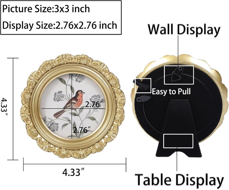 LIHOLO Vintage Picture Frames 3x3 Round Gold Antique Picture Frames with Glass Front Handcrafted Rustic Home Decor for Wall Mount and Tabletop Gallery Wall Art - Image 2