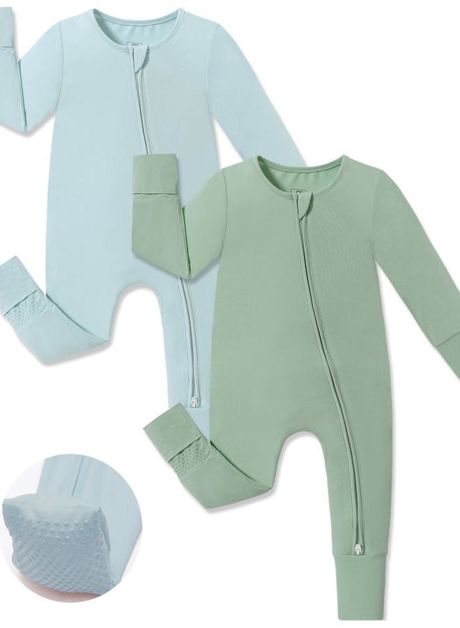 JunNeng Viscose from Bamboo Sleeper with Mittens, 2 Way Zipper Baby Boy Pajamas, Non Slip Sleep'N Play Romper, Blue+green, 6-12 Months - Image 1