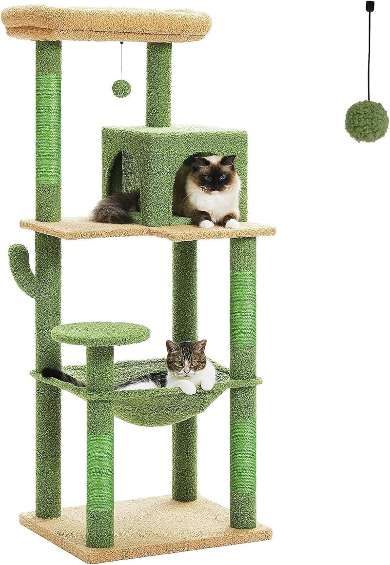 LOYAL RAIN 143 cm Tall Cat Tree for Indoor Cats, Multi-Level Cat Tower with Super Large Hammock, Sisal Covered Scratching Posts, Cozy Condo and Top Perch (Green, Large) - Image 1