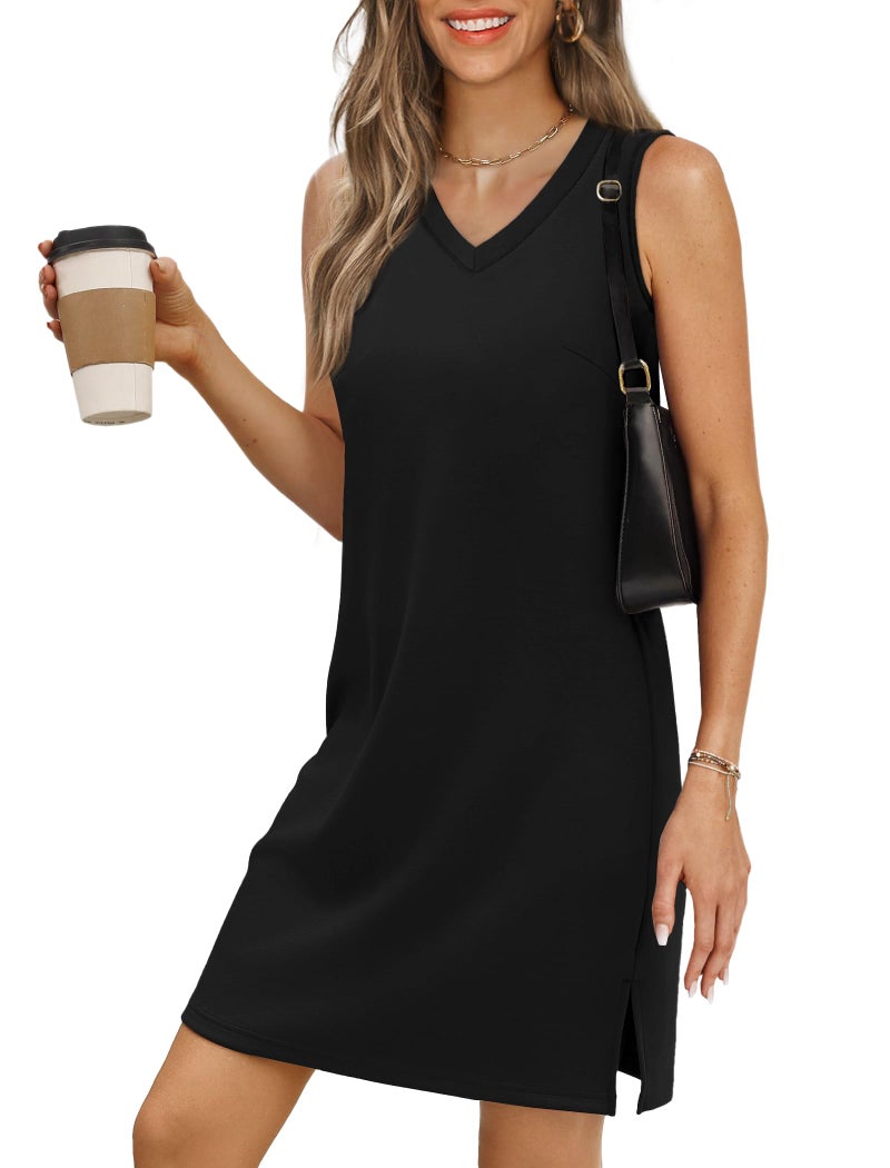 BKRIVE V-Neck Summer Casual Beach Mini Dress for Women 2025 Vacation Women's Sleeveless Sundress with Split Black - Image 1