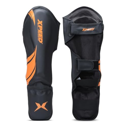 XPEED XP1806 Shin Pad/Shin Guard for Men and Women | Training Practice and Sports | Ultra Light Weight Shinguard with Ankle Adjustable | Hook and Loop Closure System (L, Orange) - Image 1
