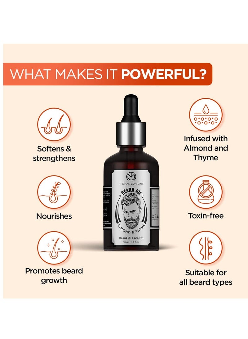 The Man Company Beard Oil for Growing Beard Faster with Almond & Thyme, NATURAL, Best Beard Growth Oil for Men, Nourishes & Strengthens Uneven Patchy Beard - 30ML