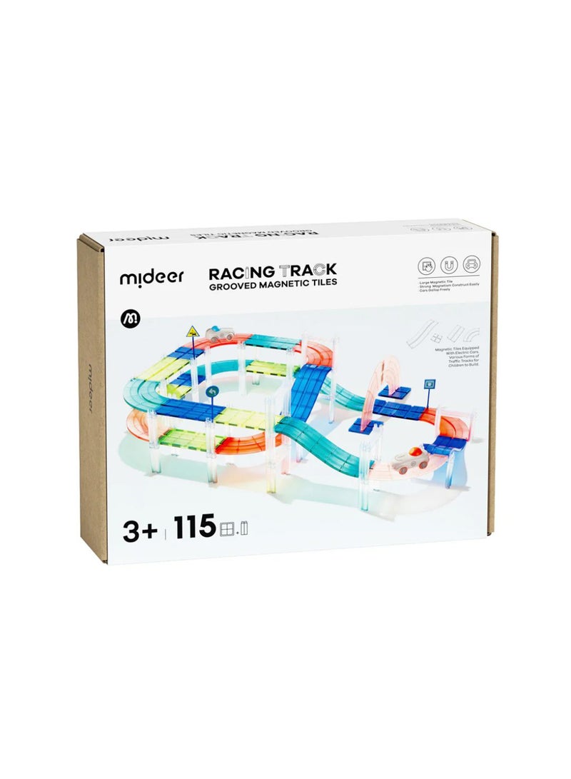 MiDeer Racing Track Grooved Magnetic Tiles – 115 Pcs Magnetic Construction Set with Electric Cars – STEM Building Toy for Kids Ages 3+ – Promotes Creativity, Motor Skills & Cognitive Development - Image 1