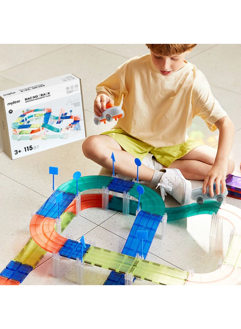 MiDeer Racing Track Grooved Magnetic Tiles – 115 Pcs Magnetic Construction Set with Electric Cars – STEM Building Toy for Kids Ages 3+ – Promotes Creativity, Motor Skills & Cognitive Development - Image 2