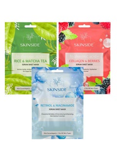 Serum Sheet Mask For Glowing Skin With Hyaluronic Acid | Face Mask Sheets Combo For | Hydrating | Tan & Blackheads Removal | Instant Brightening | Pore Reduction | Fairness | Skin Tightening (3, Rice & Matcha Tea | Collagen & Berries | Retinol & Niacinamide)
