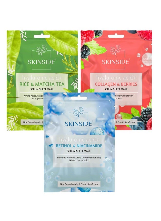 Skinside - Serum Sheet Mask For Glowing Skin With Hyaluronic Acid | Face Mask Sheets Combo For | Hydrating | Tan & Blackheads Removal | Instant Brightening | Pore Reduction | Fairness | Skin Tightening (3, Rice & Matcha Tea | Collagen & Berries | Retinol & Niacinamide) - Image 1