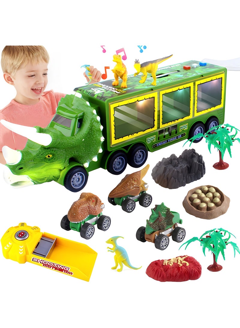 MAGIC VAULT Dinosaur Truck Carrier for Boys and Girls, Car Transporter Toy with Light Sound Kids Dinosaur Toys Set with Pull Back Car Launcher Track Dinosaur Park Pretend Toy Kids Gift for Age 3 4 5 6 7 8 - Image 1