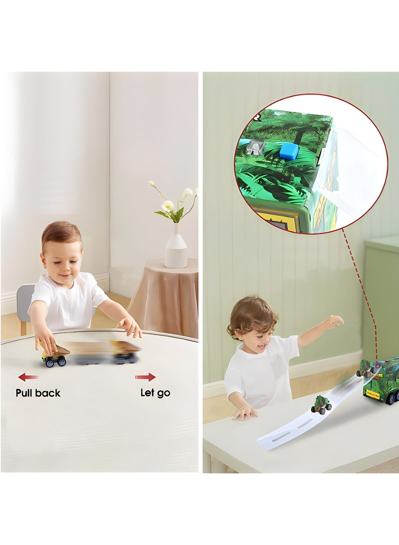 MAGIC VAULT Dinosaur Truck Carrier for Boys and Girls, Car Transporter Toy with Light Sound Kids Dinosaur Toys Set with Pull Back Car Launcher Track Dinosaur Park Pretend Toy Kids Gift for Age 3 4 5 6 7 8 - Image 2