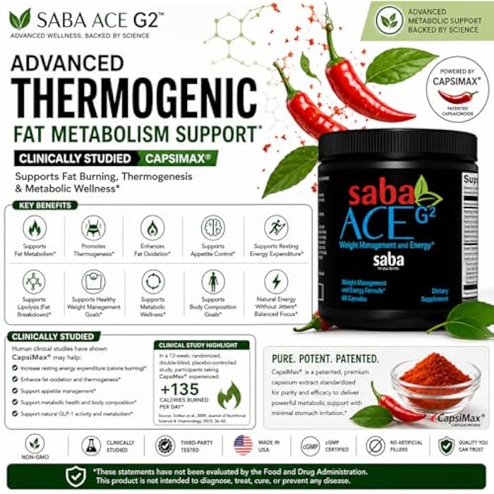 Saba Kombucha Saba ACE G2- Thermogenic Energy Burn, Pre Workout, Metabolism, Focus, Concentration, with Capsimax, CarnoSyn, BioPerine, Green Tea Leaf Extract, for Men & Women -60 Capsules - Image 4