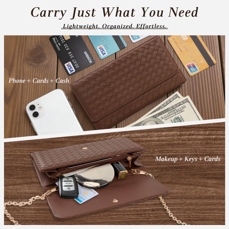 U+U Crossbody Bags for Women, Small Leather Bag with Removable Chain, Card Slots & Phone Pocket - Lightweight Purse Wallet (Brown) - Image 4