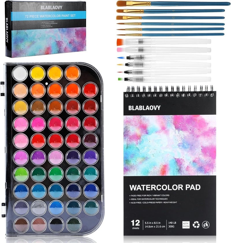 Blablaovy Watercolor Paint, 48 Colors Washable Paint Set, 6 Brush, 6 Refillable Water Brush Pen, Drawing Pad, Palette, Painting sets for Artists Beginners Adult, Water Color Paint Sets for Kids - Image 1