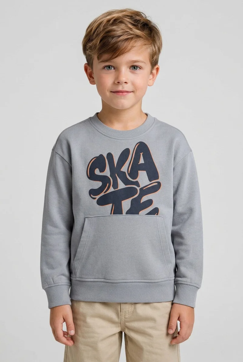 او في اس OVS Grey Oversized Pure Cotton Hoodie With Print And Kangaroo Pocket For Boys