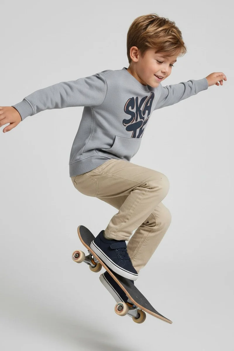 او في اس OVS Grey Oversized Pure Cotton Hoodie With Print And Kangaroo Pocket For Boys