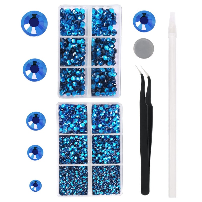MEIBITE 6796PCS Aquamarine Hotfix Rhinestones Crystal Stones Glass for Fabric Clothes Shirts Sparkly Flat Back Round with Tweezers and Picking Pen SS6SS30 Set