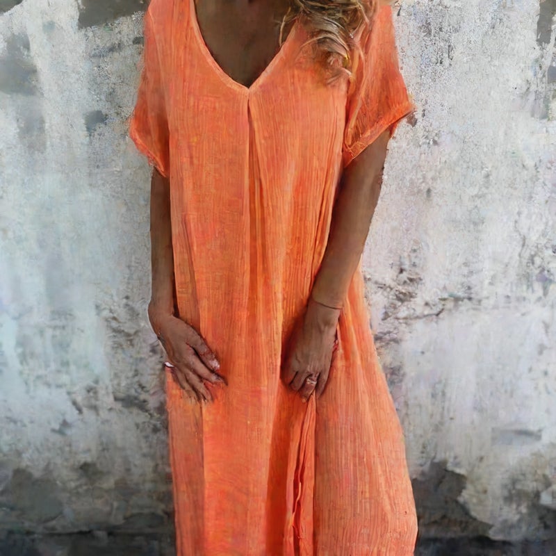 Women's Cotton Linen V-Neck Semi-Formal Dress - Image 2
