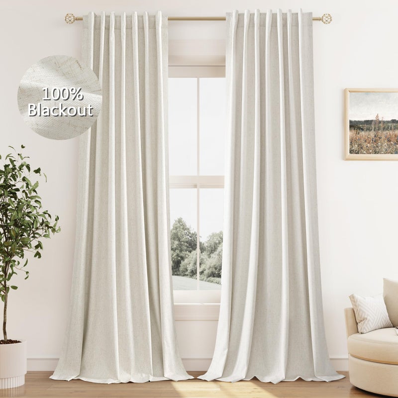 Guken Cream Linen Blackout Curtains 84 Inch Length 2 Panels Set for Living Room Bedroom Back Tab Thermal Insulated 100% Black Out Linen Drapes Room Darkening Window Curtains Ivory Natural - Image 1
