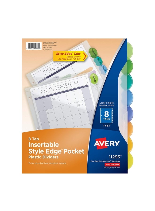 Avery Plastic 8-Tab Binder Dividers with Pockets, Style Edge Insertable Multicolor Tabs, 1 Set (11293) - Image 3