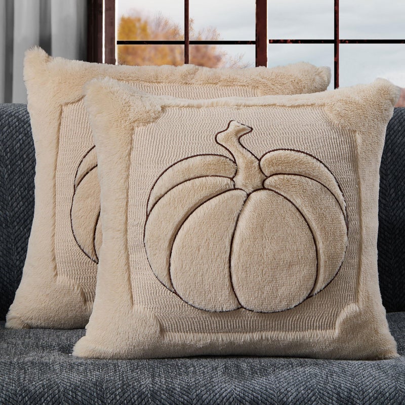 Allorry Fall Pillow Covers 18x18 Set of 2 Beige Pumpkin Throw Pillow Covers Soft Plush Faux Fur Fall Decorations Cushion Covers for Sofa Bedroom Living Room Autumn Thanksgiving Home Decor PT009A18 - Image 2