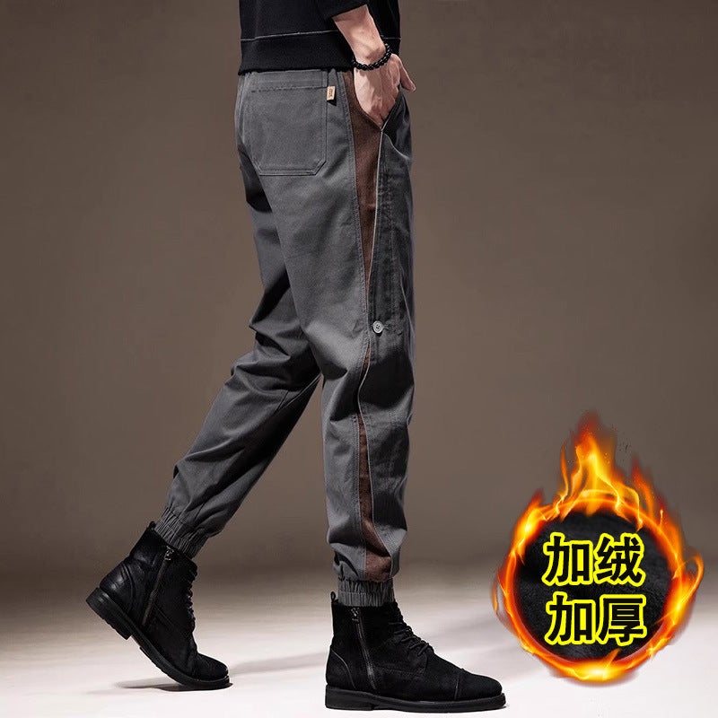 American Retro Overalls Men'S 2024 Winter Fleece-Lined Slim Stitching Toe Pants Wear-Resistant Work Pants - Image 2