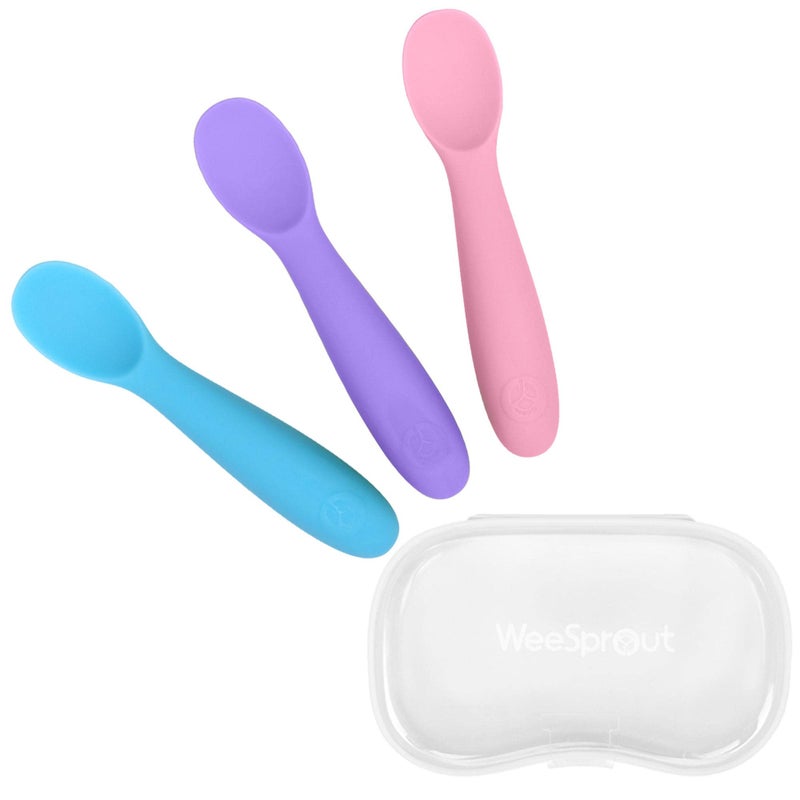 WeeSprout Baby Spoons for Self Feeding 6 Months +, Soft & Durable Silicone Utensils for Sensitive Gums & Teeth, Easy Grip Handles & Shorter Length for Little Hands, 3 Pack + Carrying Case - Image 1