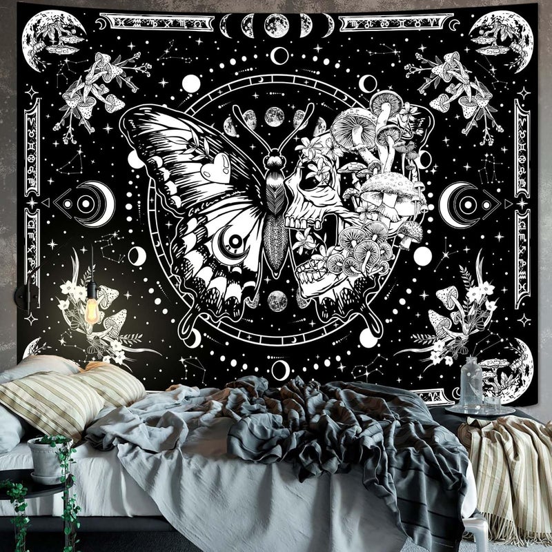 Fungarth Black and White Skeleton Butterfly Tapestry Skull Mushroom Botanical Plants Moon Flowers Floral Tapestries Hippie Aesthetic Tapestry Wall Hanging for Bedroom Living Room Dorm (Black, 48” x - Image 2