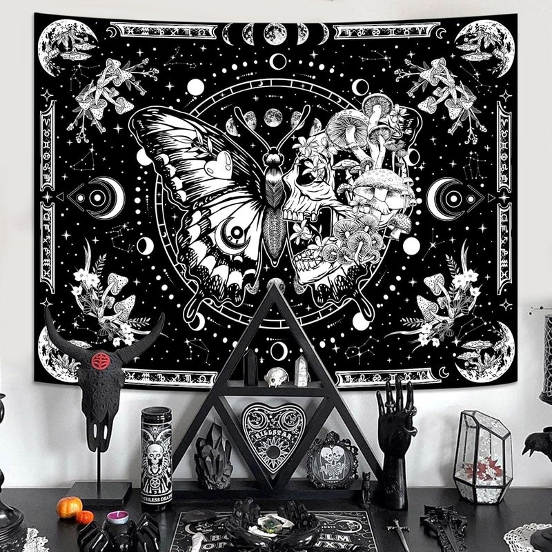 Fungarth Black and White Skeleton Butterfly Tapestry Skull Mushroom Botanical Plants Moon Flowers Floral Tapestries Hippie Aesthetic Tapestry Wall Hanging for Bedroom Living Room Dorm (Black, 48” x - Image 5
