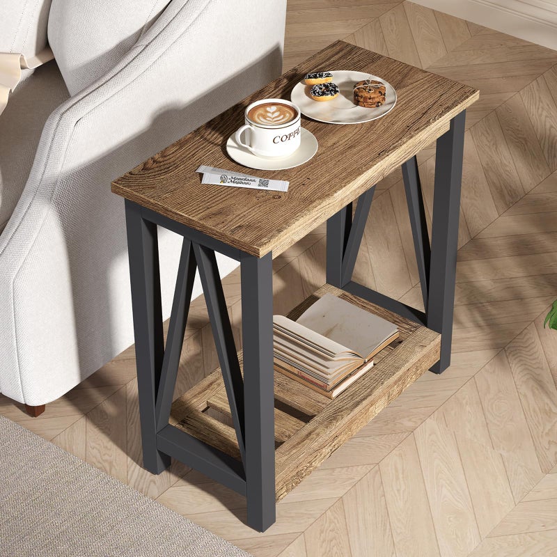 ChooChoo Farmhouse End Table, Narrow Side Table, Slim End Table with Storage Shelf for Small Spaces for Living Room, Bedroom Rustic Oak & Black - Image 4