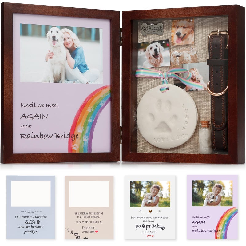 JupDec Dog Memorial Gifts Pet Shadow Box Wooden Picture Frame with Paw Print Keepsake for Loss of Dog Cat Remembrance Sympathy Deep Display Case for Collar and Hair Brown