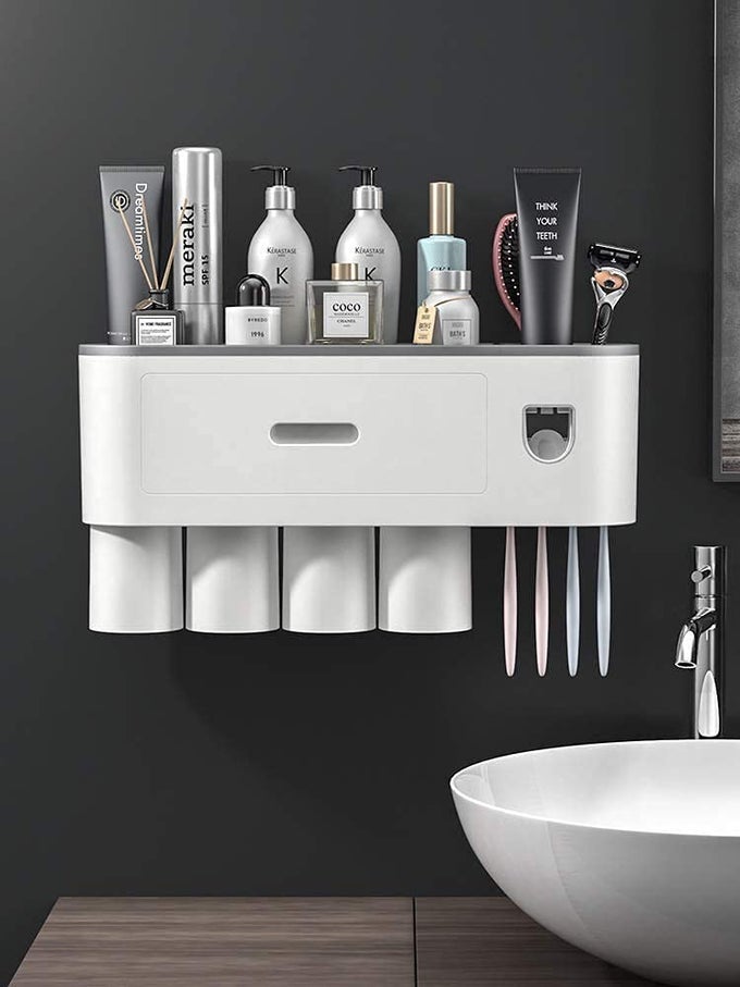 TOOTHBRUSH HOLDER WALL MOUNTED AUTOMATIC TOOTHPASTE DISPENSER SQUEEZER KIT WITH HOLDERS FOR BATHROOMSHELF MAGNETIC CUPS TOOTHPASTE HOLDER DRAWER ORGANIZER SPACE SAVER EASY TO CLEAN 4 CUP
