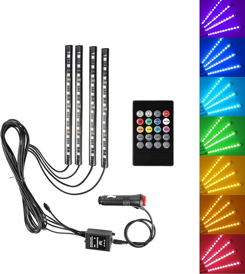 حزمة من 4 أضواء داخلية للسيارة LED، أضواء شريطية LED للسيارات، إكسسوارات السيارات، أضواء جو السيارة، متوافقة مع معظم السيارات والشاحنات والفانات (متعدد الألوان) - Image 1