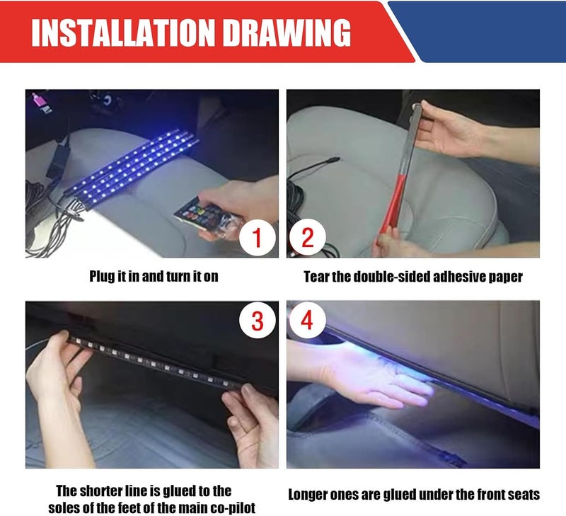 حزمة من 4 أضواء داخلية للسيارة LED، أضواء شريطية LED للسيارات، إكسسوارات السيارات، أضواء جو السيارة، متوافقة مع معظم السيارات والشاحنات والفانات (متعدد الألوان) - Image 5
