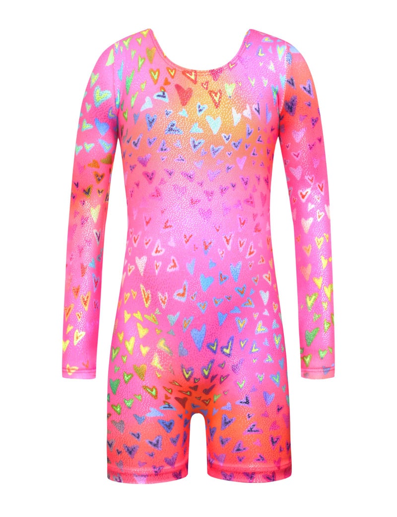 Nymphperi Leotard for Girls Gymnastics Size 3-4t Hotpink Neon Heart Quick Dry Tumble Biketard with Shorts - Image 1