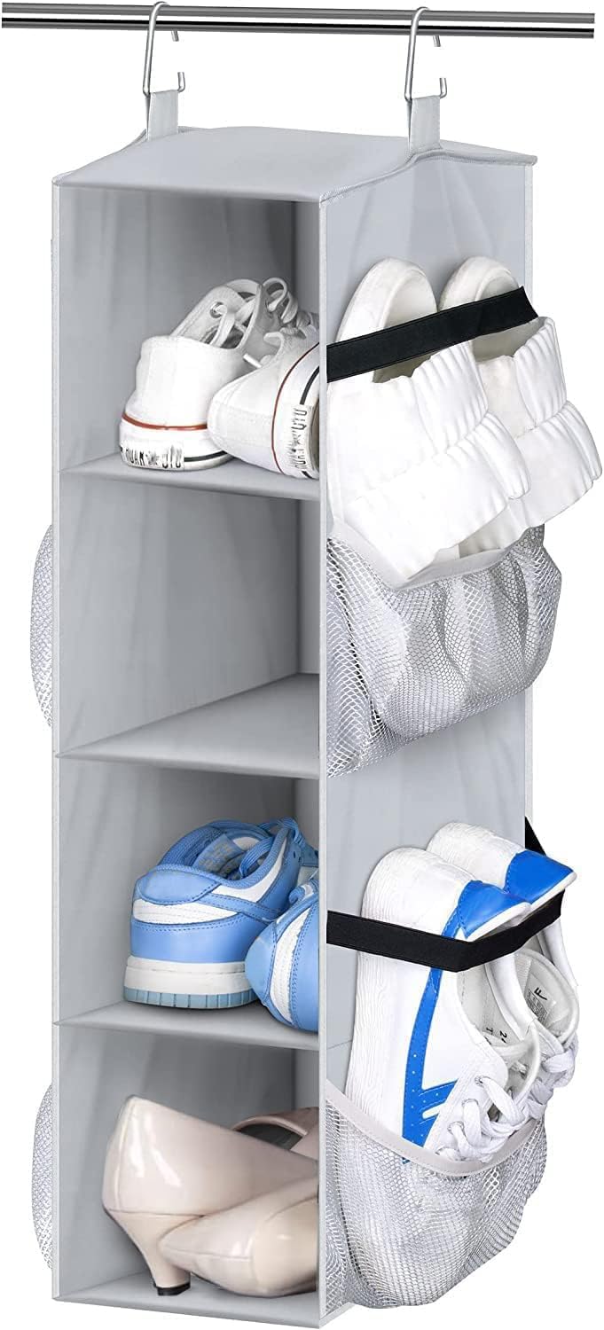 MISSLO 4 Shelf Short Hanging Shoe Storage for Wardrobe Organiser with Mesh Pockets Small Hanging Shoe Rack Organizer Hanger for RV Camper Grey