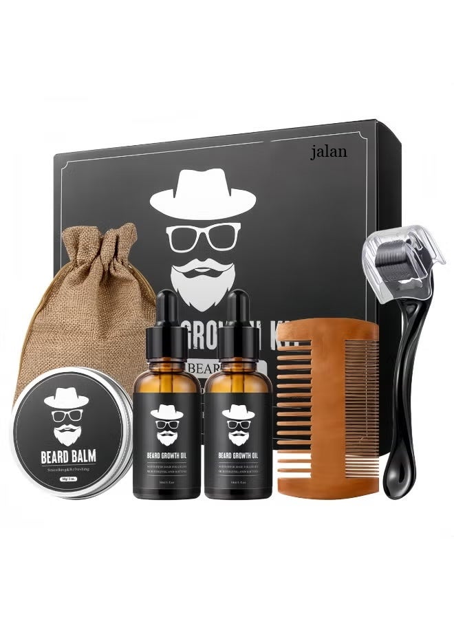 jalan Men Beard Care Set Beard Growth Kit (60g Care Cream + 2×30ml Beard Oil + Comb + Microneedle Roller + Storage Bag) Complete Beard Styling & Grooming Kit for Men - Image 1