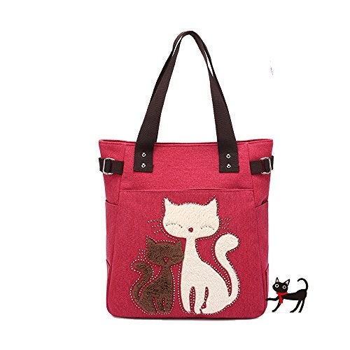 Valentoria Canvas Tote Handbag for Women Cute Cat Embroidery Shoulder Purse Large Zipper Travel Work Shopping Grocery Bags - Image 1