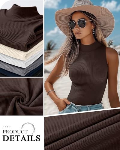 Xaatren 3 Pack Womens Sleeveless Mock Turtlenecks Shirts Ribbed Stretch Slim Fitted Tank Top Basic Lightweight Bustier TeeDark Brown Cream BlackXLarge - Image 3
