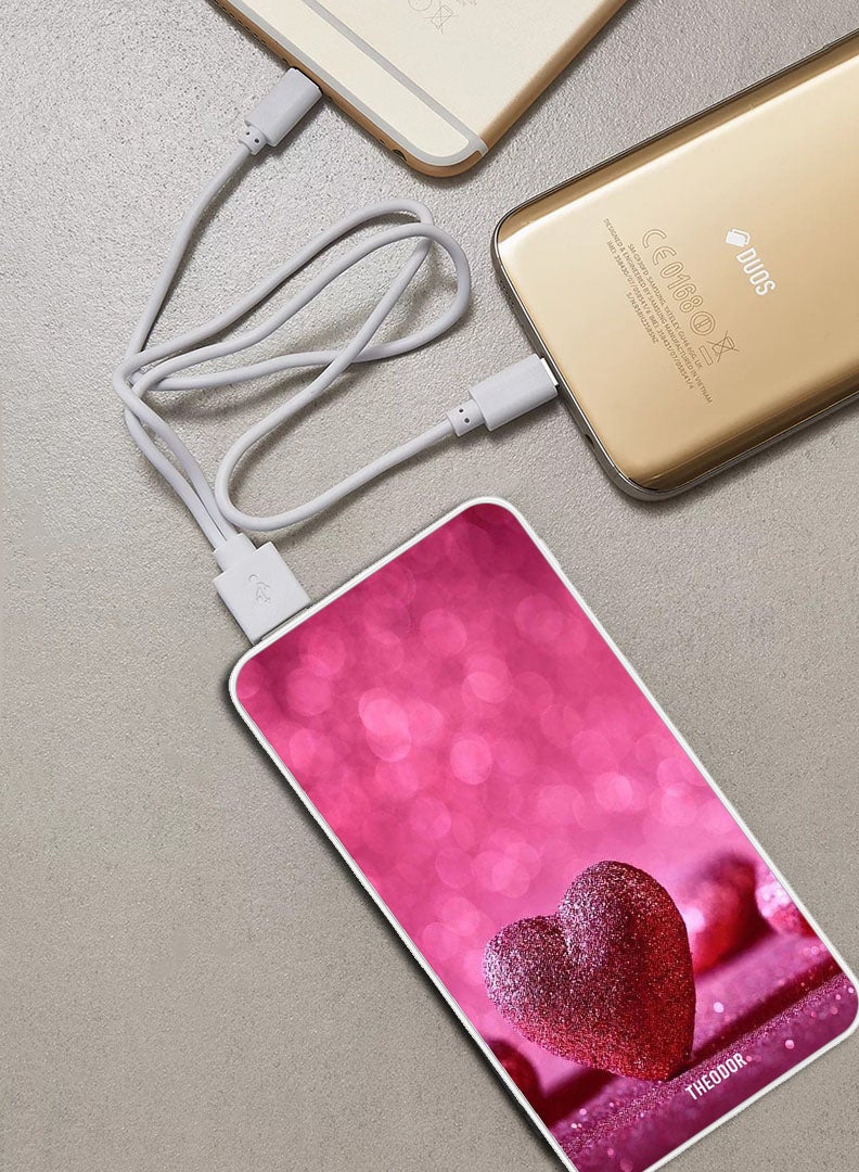 Theodor 10,000 mAh Super Fast Charging Ultra Compact Power Bank with Quick Charge & Power Delivery, Portable Charger For iPhone and Android Dark Pink Gliter Heart - Image 2