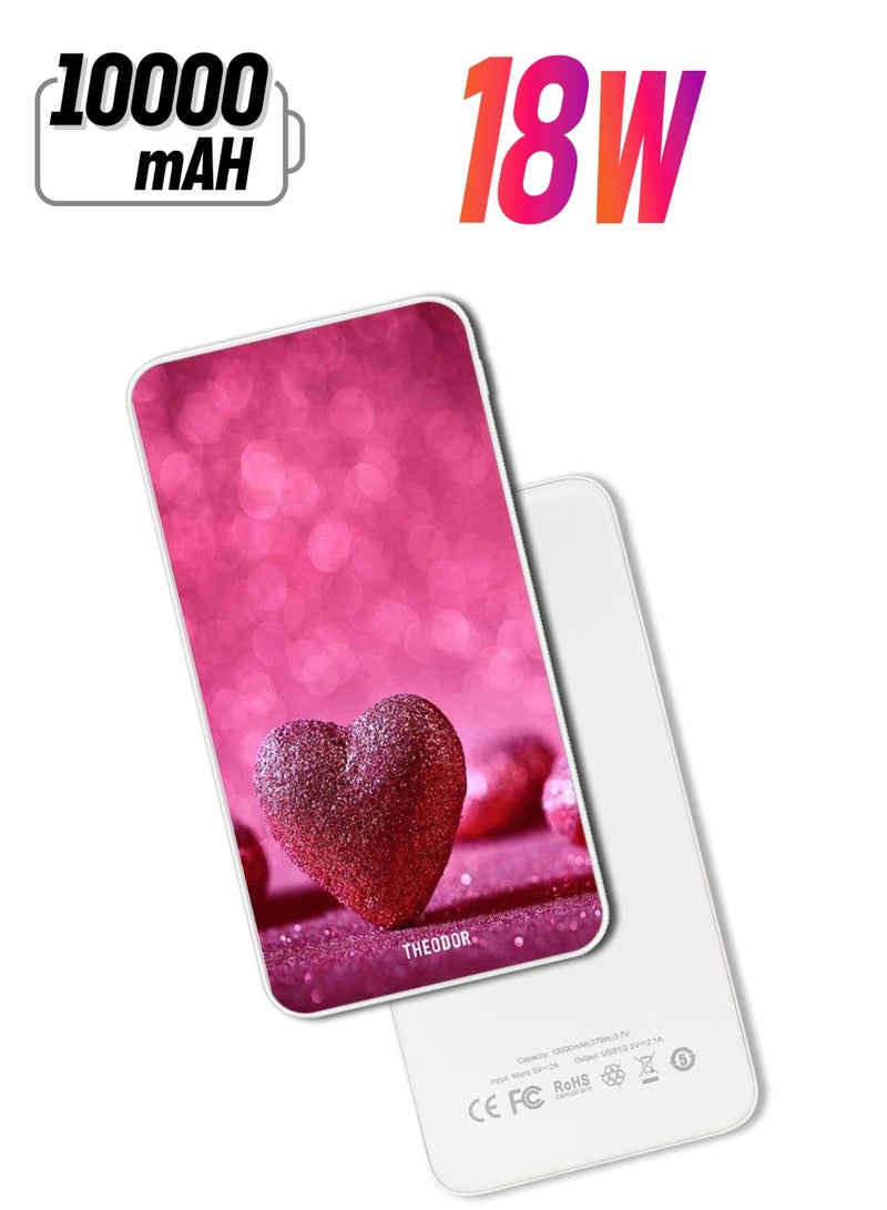Theodor 10,000 mAh Super Fast Charging Ultra Compact Power Bank with Quick Charge & Power Delivery, Portable Charger For iPhone and Android Dark Pink Gliter Heart - Image 1