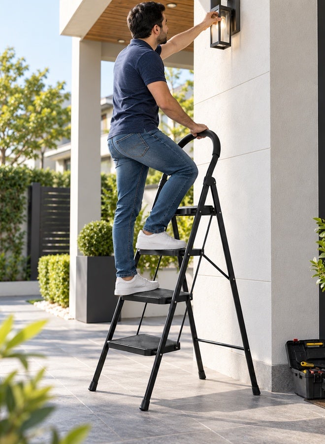 NKX 4 Step Folding Ladder with Handrail, Heavy Duty Steel Step Stool, Non-Slip Wide Steps, Portable Safety Ladder for Home, Kitchen, Cleaning & DIY - Image 5