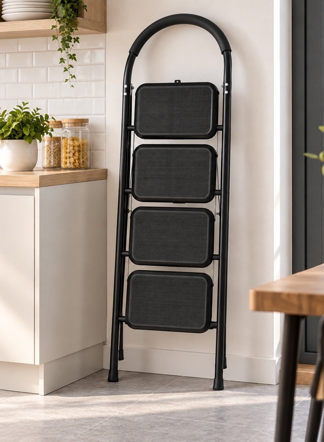 NKX 4 Step Folding Ladder with Handrail, Heavy Duty Steel Step Stool, Non-Slip Wide Steps, Portable Safety Ladder for Home, Kitchen, Cleaning & DIY - Image 1